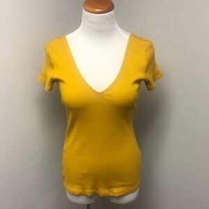 Express Yellow V-neck Ribbed Short Sleeve Top